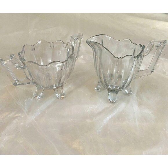 Indiana Glass Sugar Bowl and Creamer Pitcher Set Colonial Notched Clear 4 Footed - Picture 1 of 11